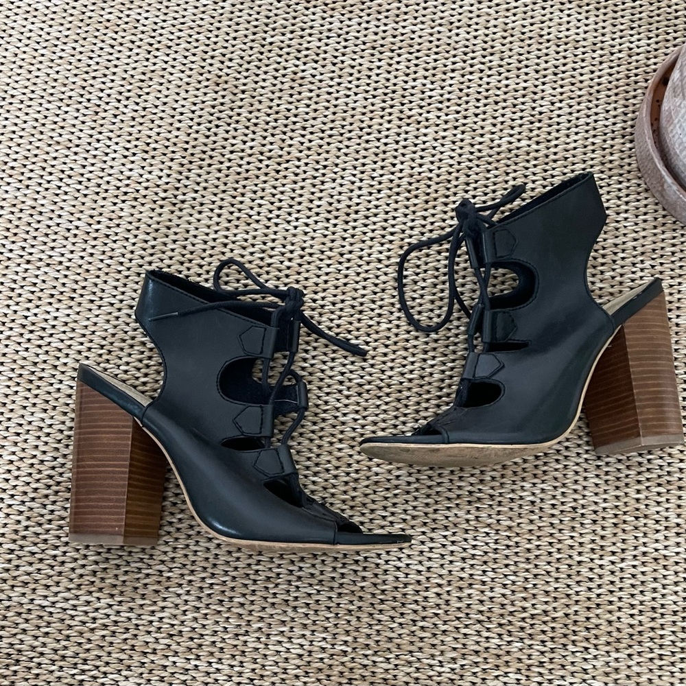 ALDO: Lace up leather sandals w/ wood heel